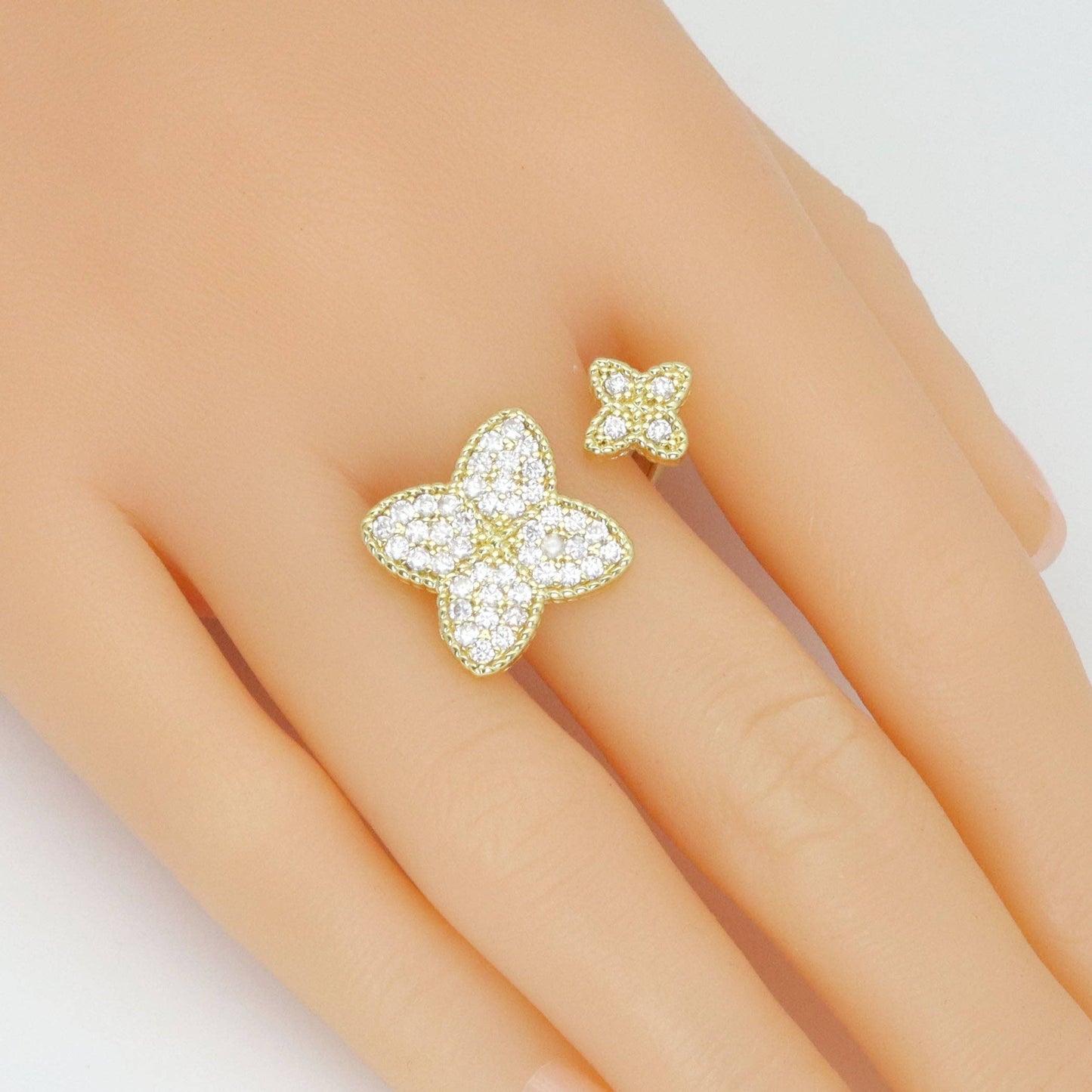 Gold Clear CZ Clover Statement Adjustable Ring, Sku#LK1008