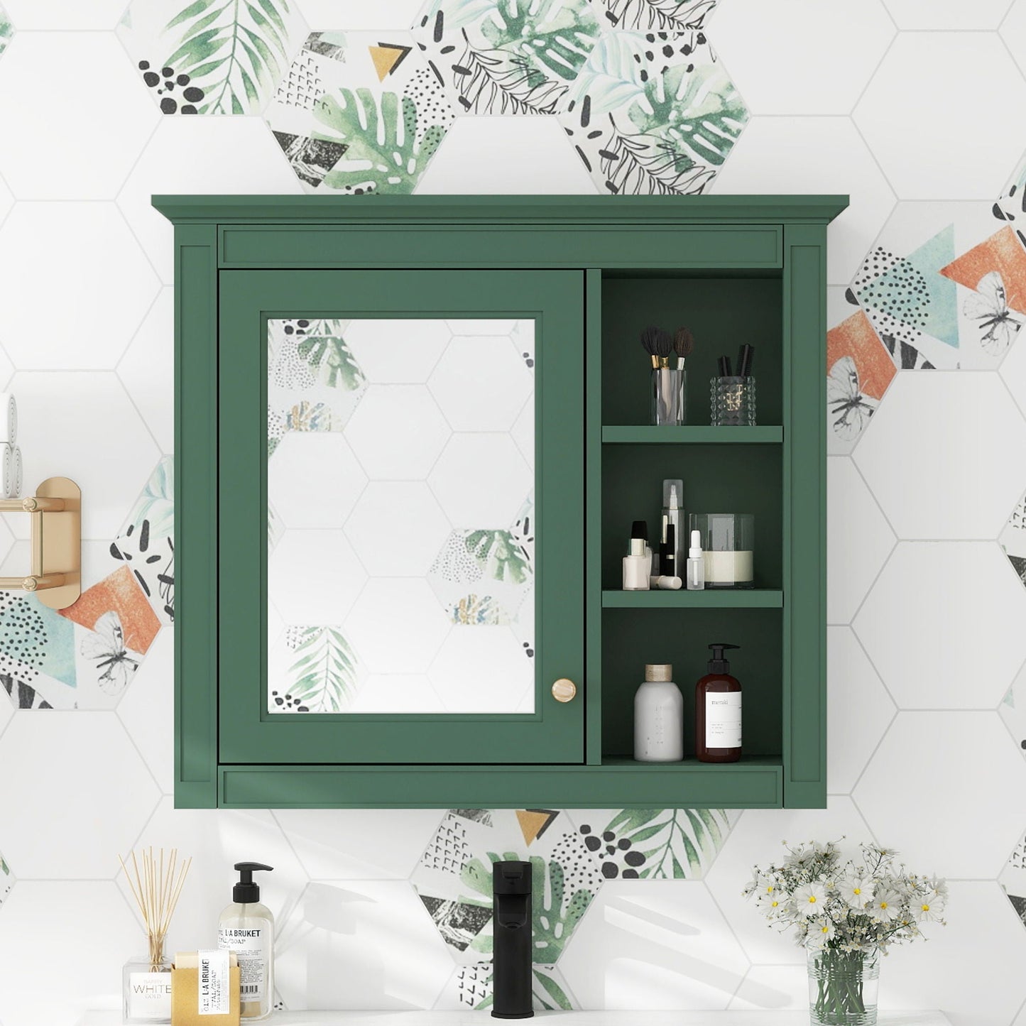 Wall Mounted Medicine Cabinet With Mirror and 3 Open Shelves