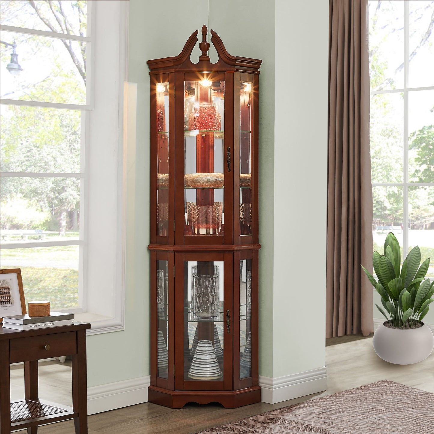 Walnut Corner Curio Cabinet with Lights