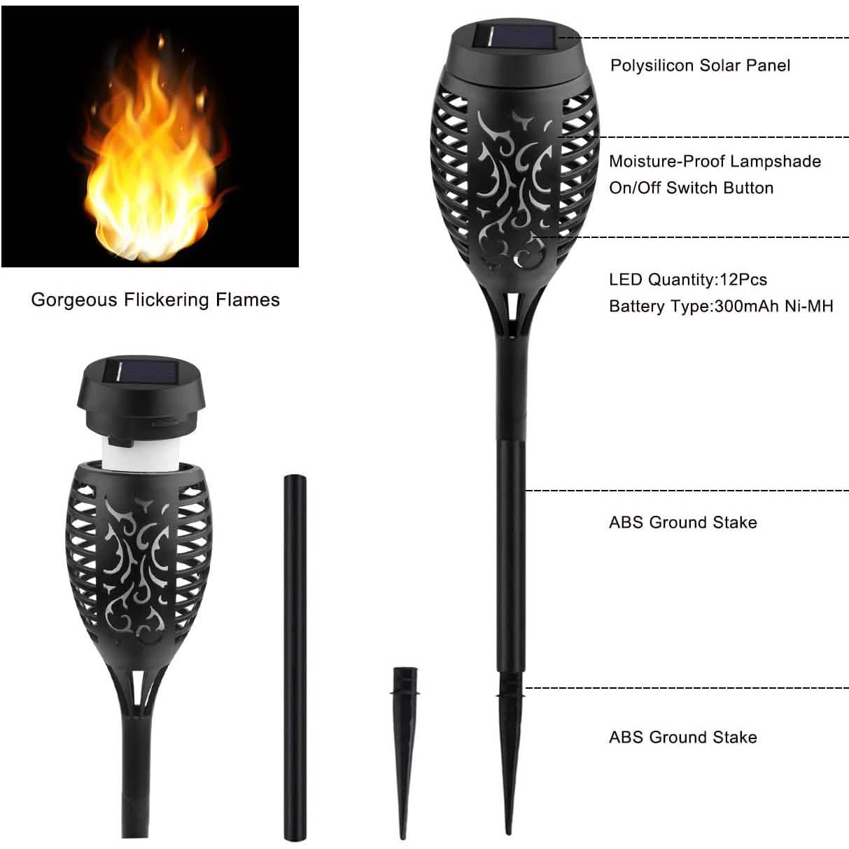 Lot de 8 : Lampes solaires torches à flamme vacillante
