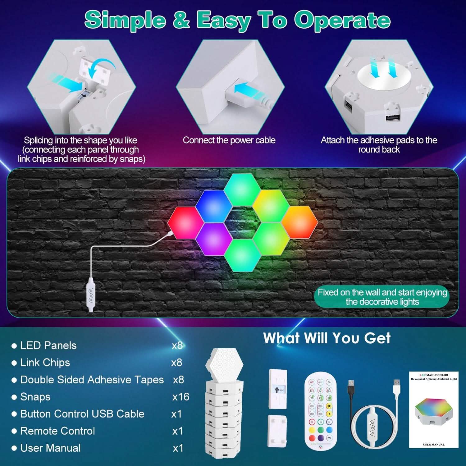 8-Piece: Hexagon Light Panels RGBW Colorful Splicing Wall Lamps