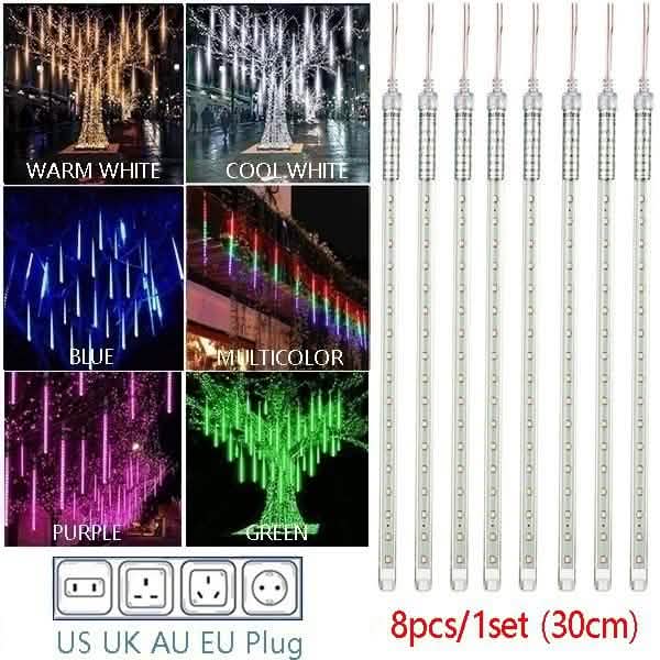 8-Pieces: Waterproof LED Meteor Shower Rain Lights