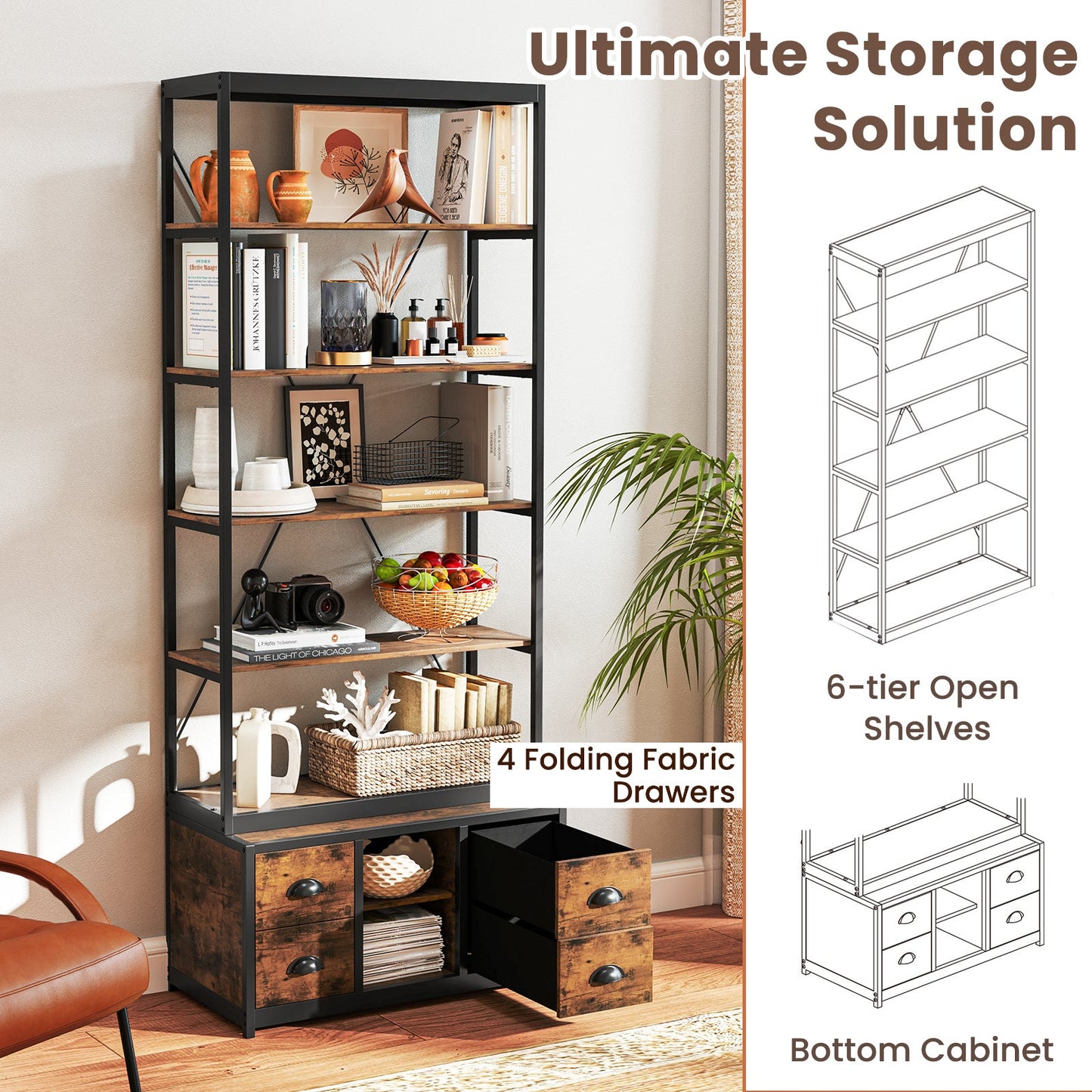8-tier Bookshelf with 4 Fabric Drawers  and Heavy-duty Metal Frame-Coffee