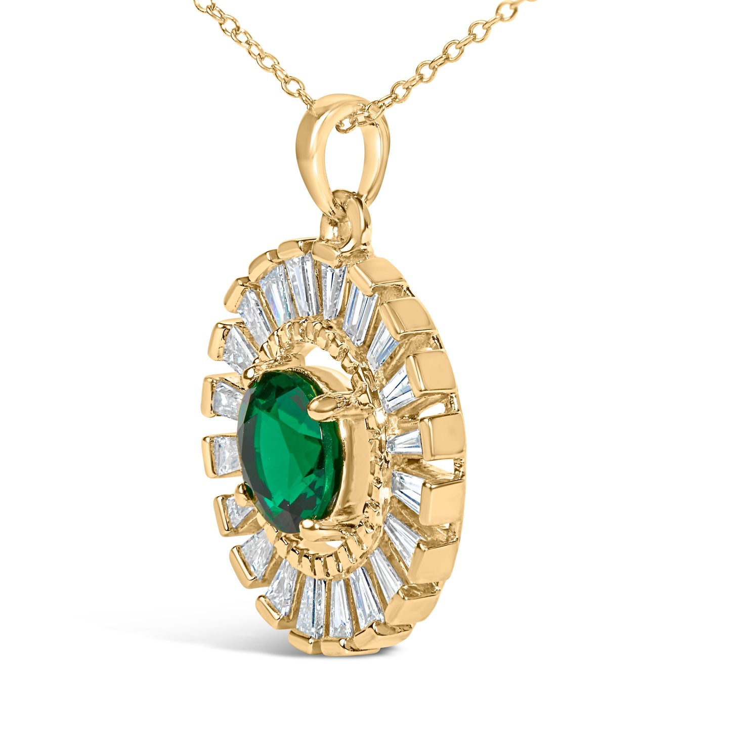 14K Yellow Gold Plated Silver Lab Grown Emerald and Diamond Sunburst Medallion Pendant Necklace