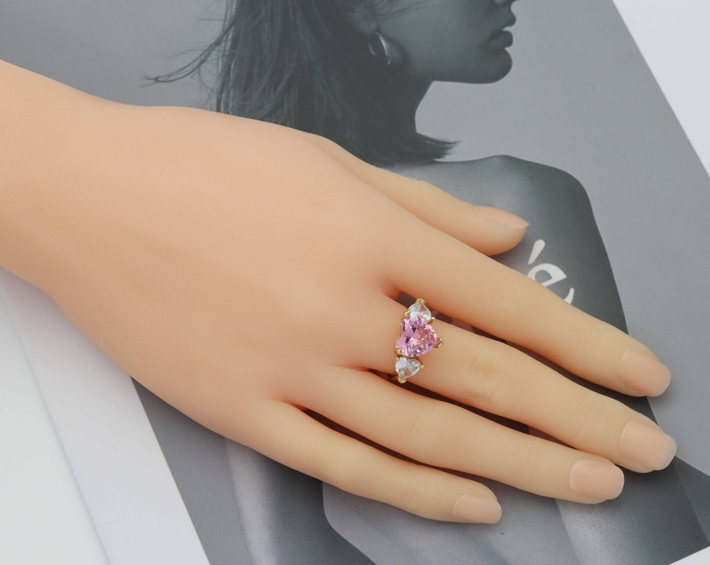 Pink Clear Crystal Heart Ring, Sku#B213