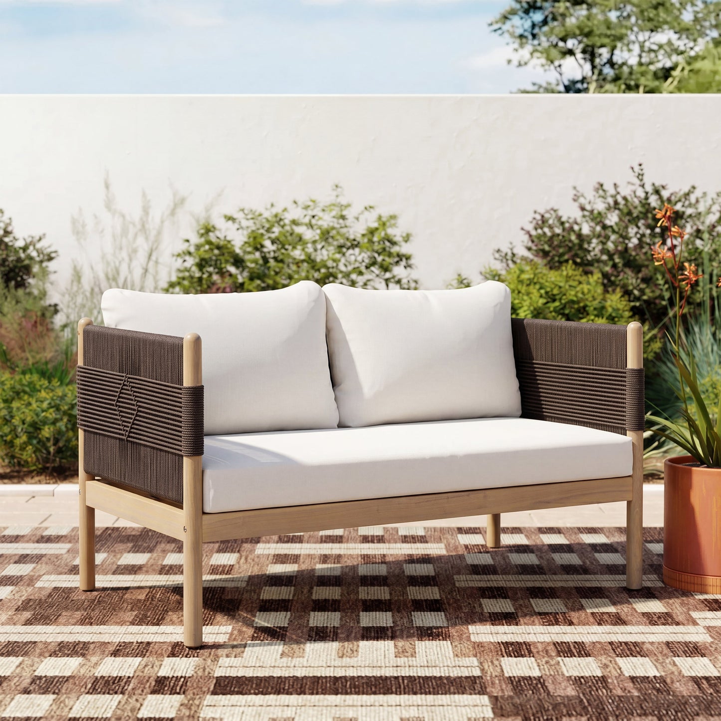 Outdoor Acacia Wood Loveseat with Diamond Rope Weave & Cushions, Light Teak
