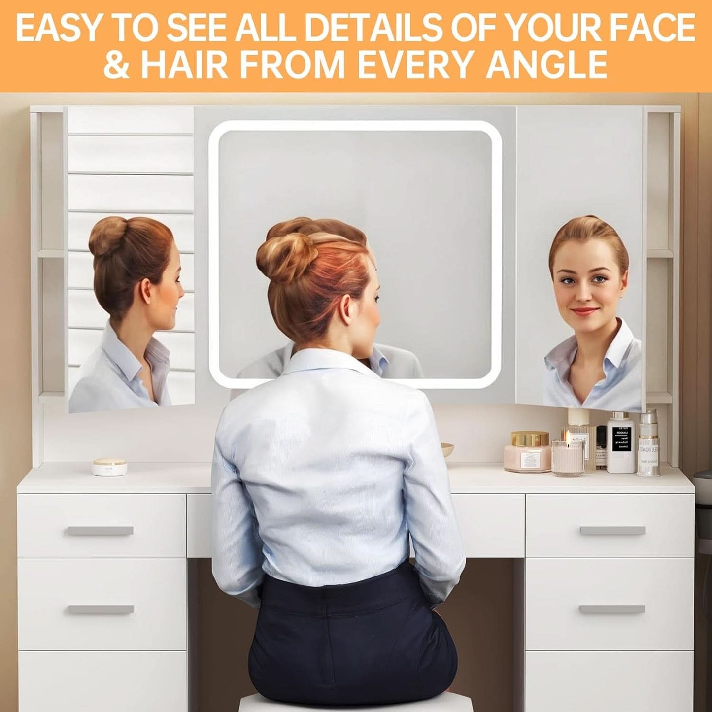 White Premium Vanity Desk Featuring Oversized Mirror