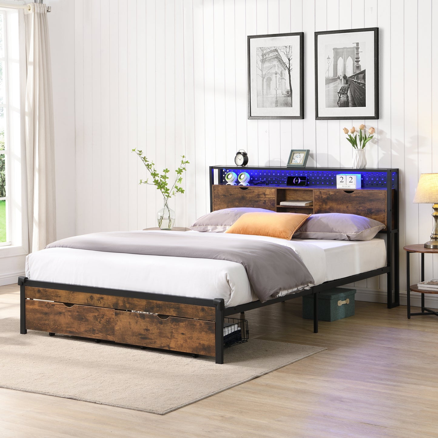 Full Size Metal Platform Bed Frame with Wooden Headboard and USB Charging