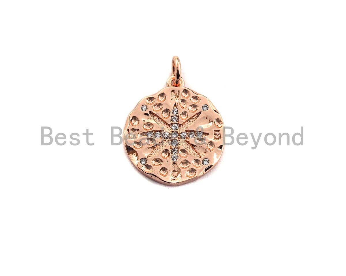 Hammered Micro Pave North Star Coin Pendant/Charm, Star Cubic Zirconia Pendant, Silver/Gold/Rose Gold/Black Tone,17x19mm,Sku#Z500