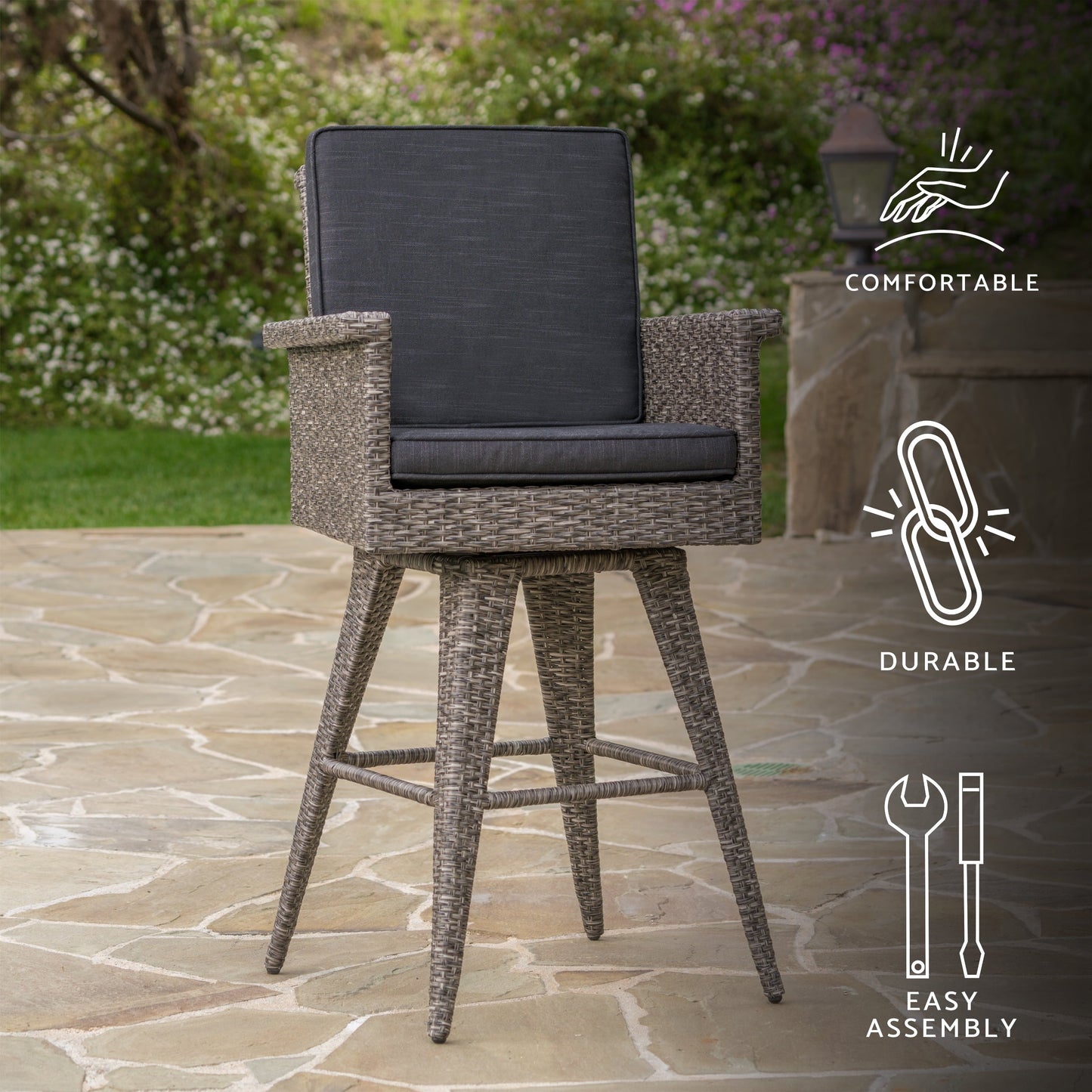 30" Outdoor Wicker Swivel Barstool with Water Resistant Cushion