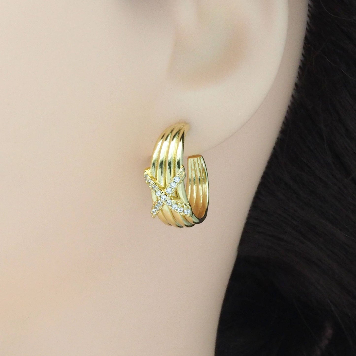 Gold X On Thick Hoop Earrings, Sku#LK849
