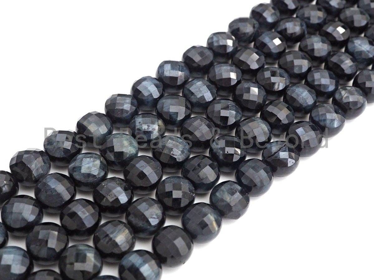 High Quality Natural Double Sided Turtle Shell Cut Blue Tiger Eye Coin Shape beads,10mm Checkerboard Cut Beads, 15.5" Full strand, Sku#UA86