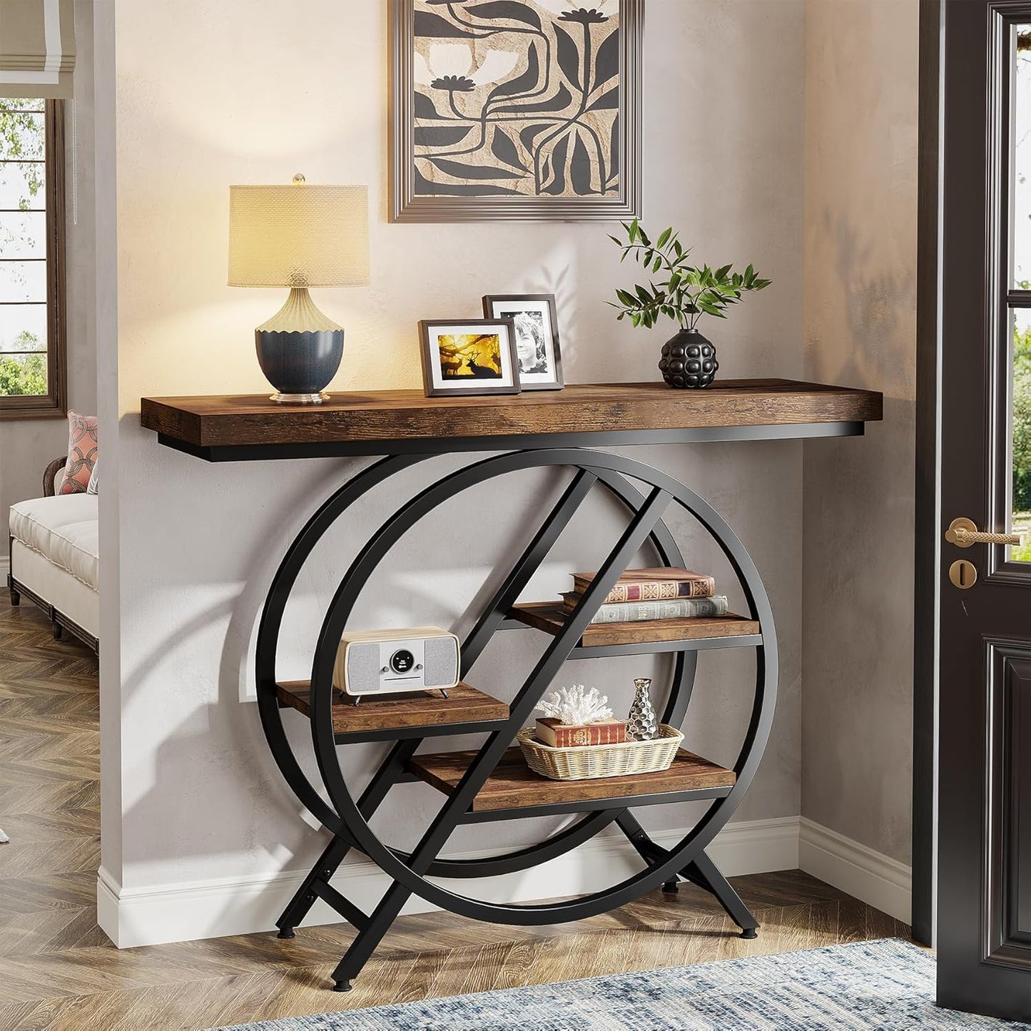 39.4" Industrial 4-Tier Entryway Console Table with Geometric Circle Frame