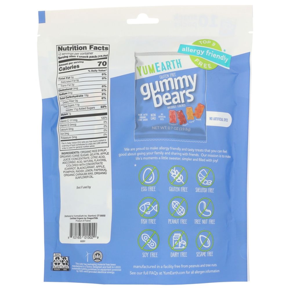 YUMEARTH ORGANICS: Gummy Bears 10 Snack Packs, 7 oz