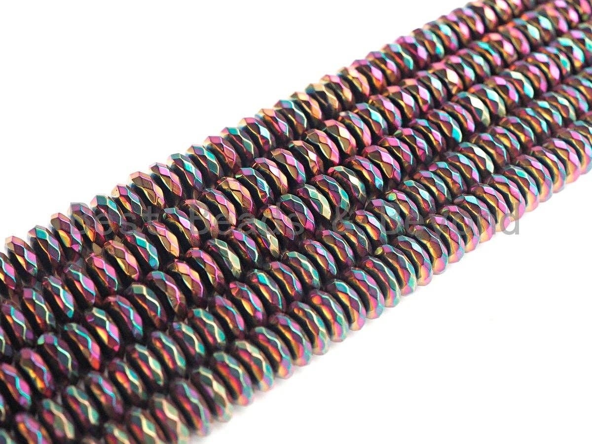 NEW Titanium Red Green Multicolor Hematite, Rondelle Faceted 6mm/8mm/10mm, Natural Hematite beads, 15.5 Full Strand, S127