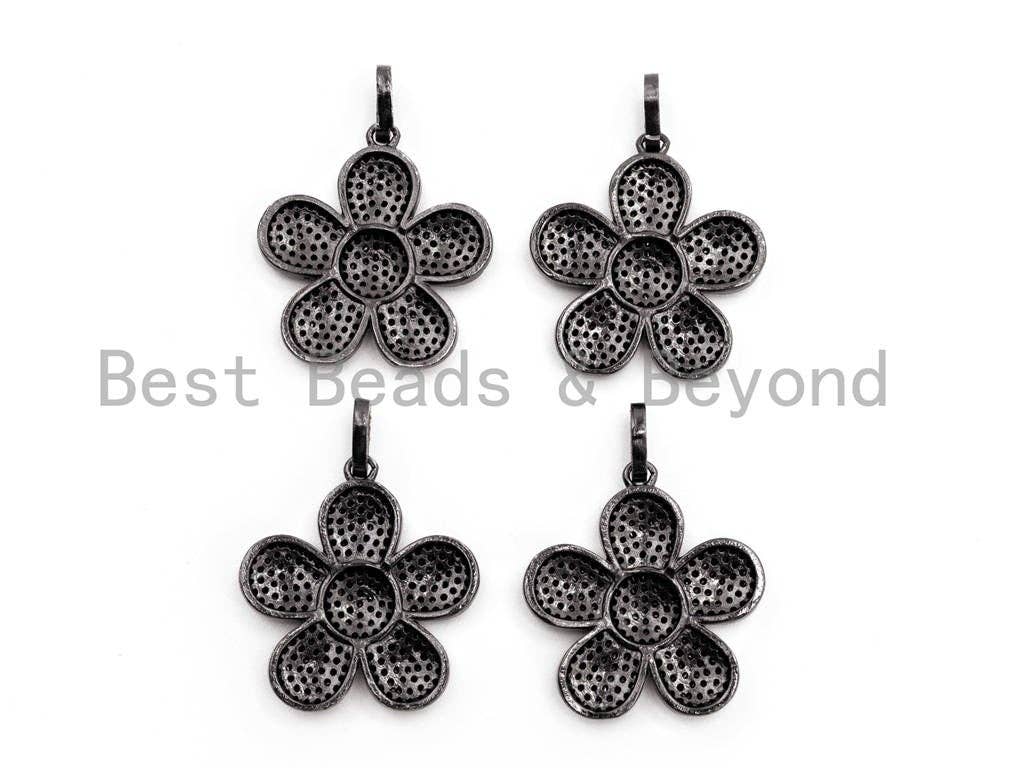 Black CZ Pave On Black Micro Pave Daisy Flower Charm Beads, Cubic Zirconia Paved Flower Charm,24x26mm, sku#F397/F348