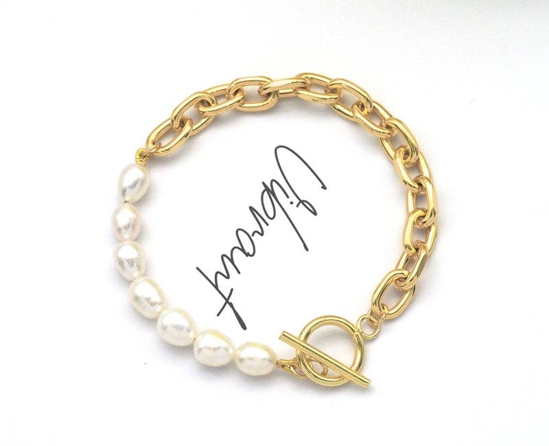Freshwater Pearl Gold Chain Bracelet with toggle clasp, Sku#EF216