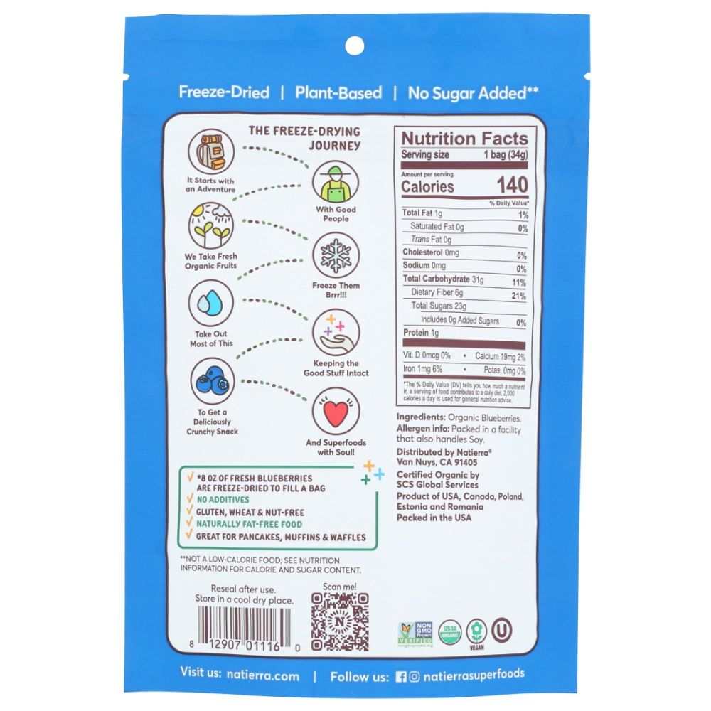 NATIERRA: Organic Freeze Dried Blueberries Bag, 1.2 oz