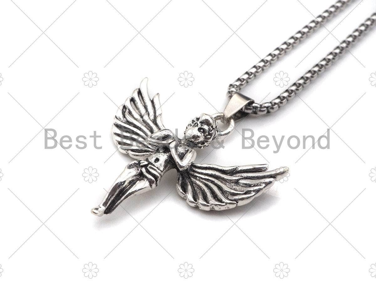 Protecion Angel Pendant Stainless Steel Necklace-Men's Necklace - Symbolic Jewelry - Silver Chain Pendant Necklace, sku#L345