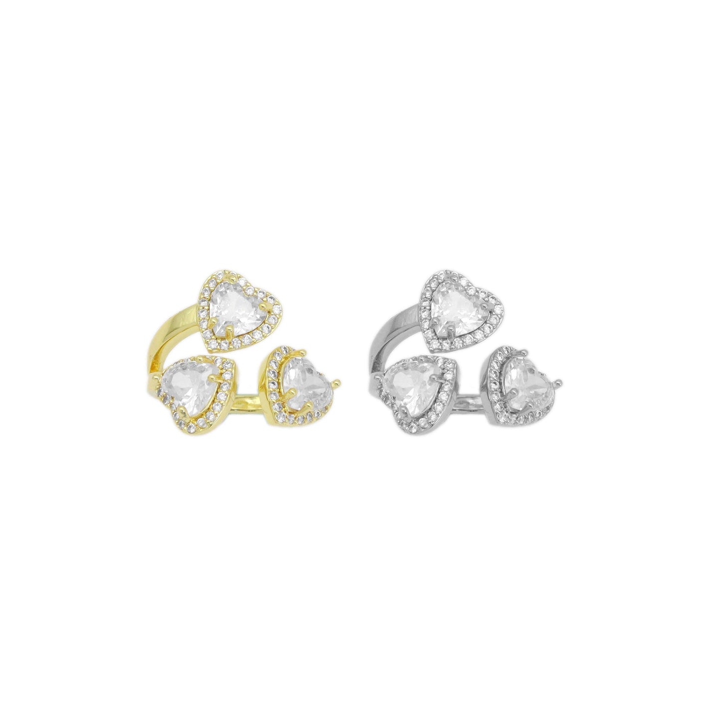 Gold Silver Clear CZ Triple Heart Adjustable Ring, Sku#A149