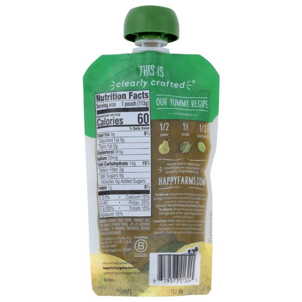 HAPPY BABY: Stage 2 Pear Kale Spinach Organic, 4 oz