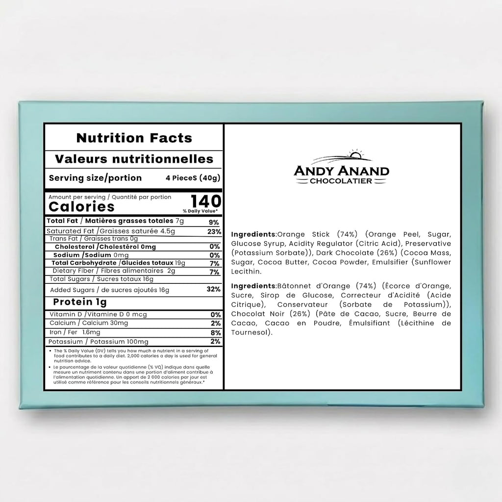 Andy Anand Dark Chocolate Covered Orange Peel Bars, 24 pc, 1 lb – Real Candied Orange Zest, Belgian Chocolate, Birthday & Holiday Gift Box