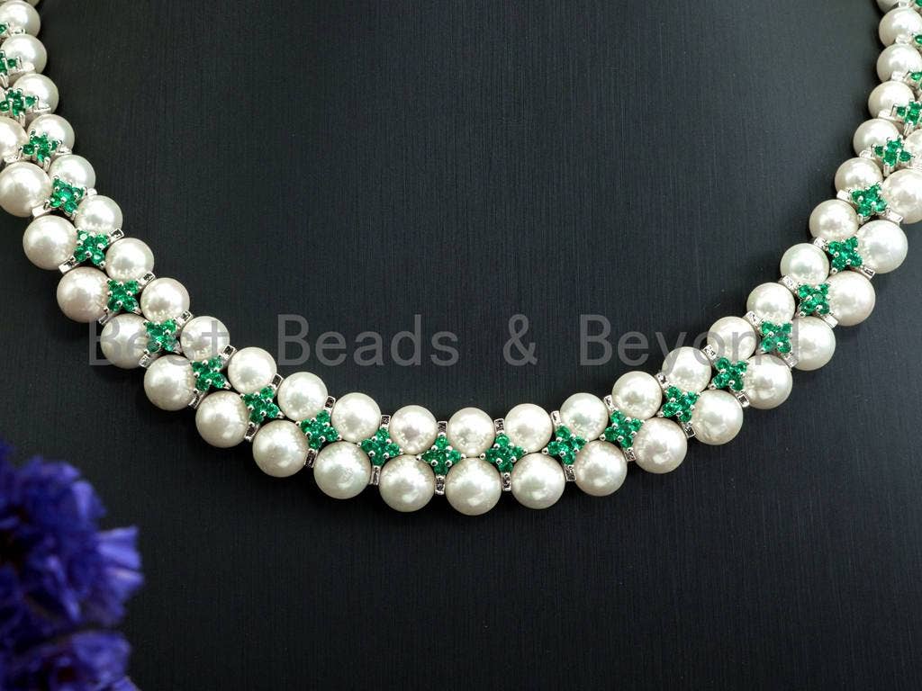 Green Cubic Zirconia& Mother of pearl necklace and bracelet set, Pearl Jewelry set, Bridal Jewelry, Double Strand Statement Jewelry, SKU#P17
