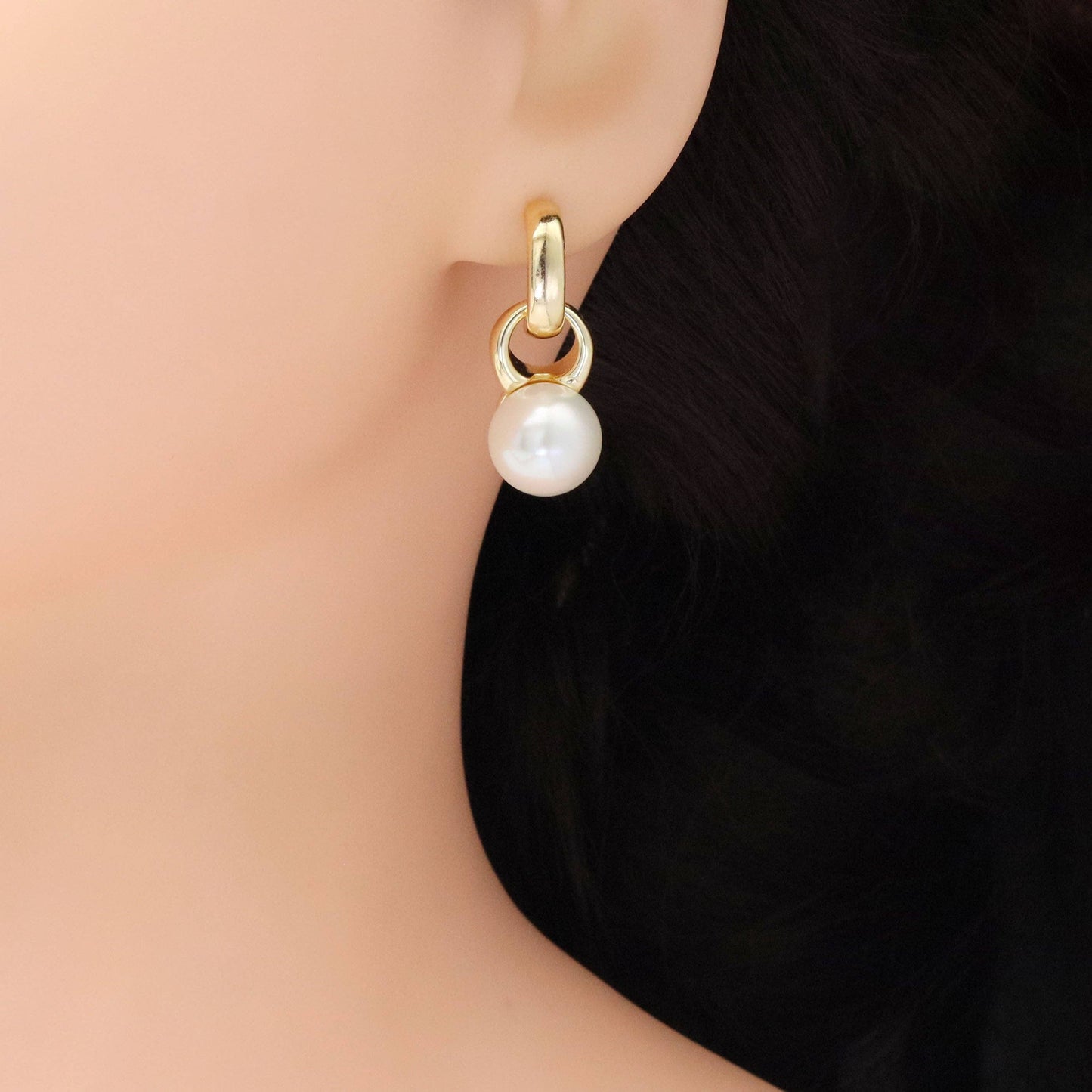 CZ Chunky Gold Link White Pearl Earrings, Sku#ZX188