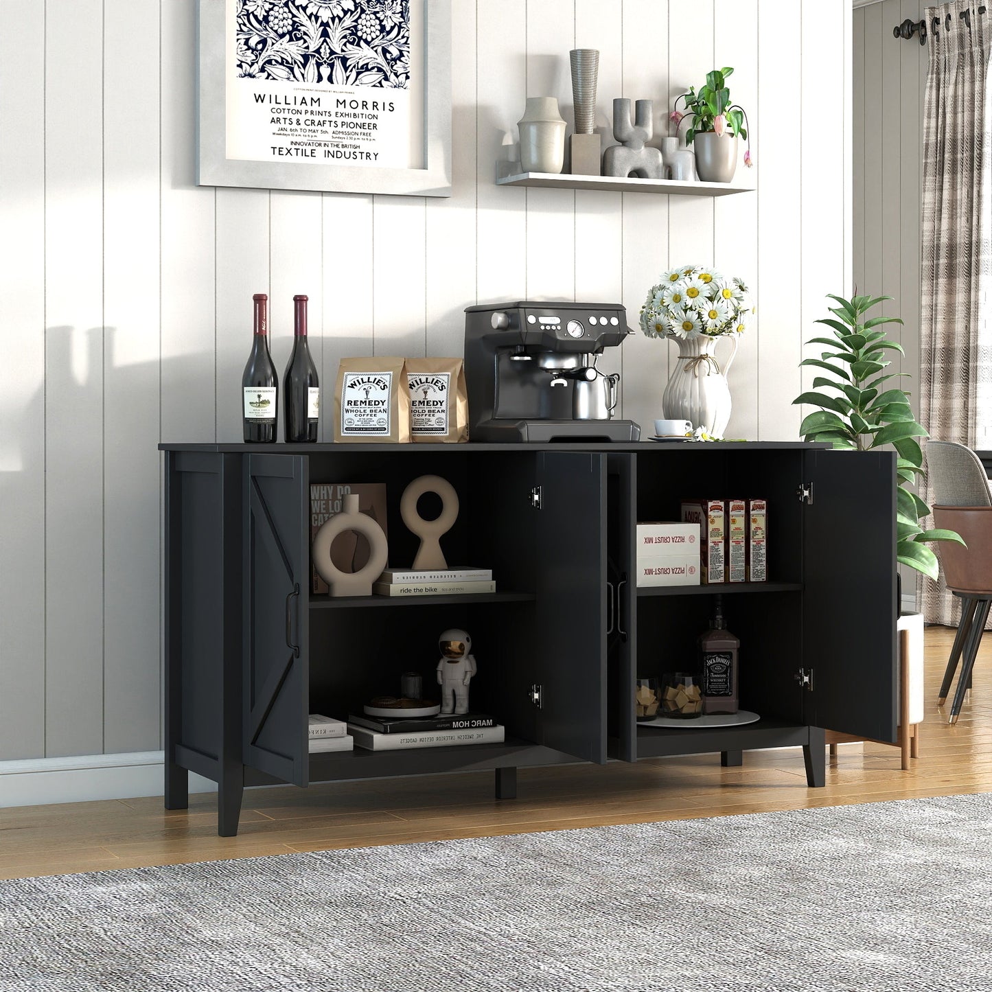 Cabinet with 4 Doors and Open Shelves