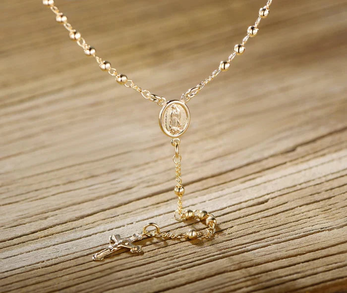 RMZ GOLD NYC 14K Gold Virgin Mary Rosary Bead Cross Necklace 18''