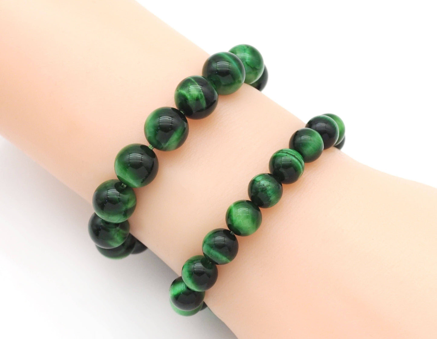 Natural Green Tiger Eye Round Smooth Stretchy Bracelet, Sku#