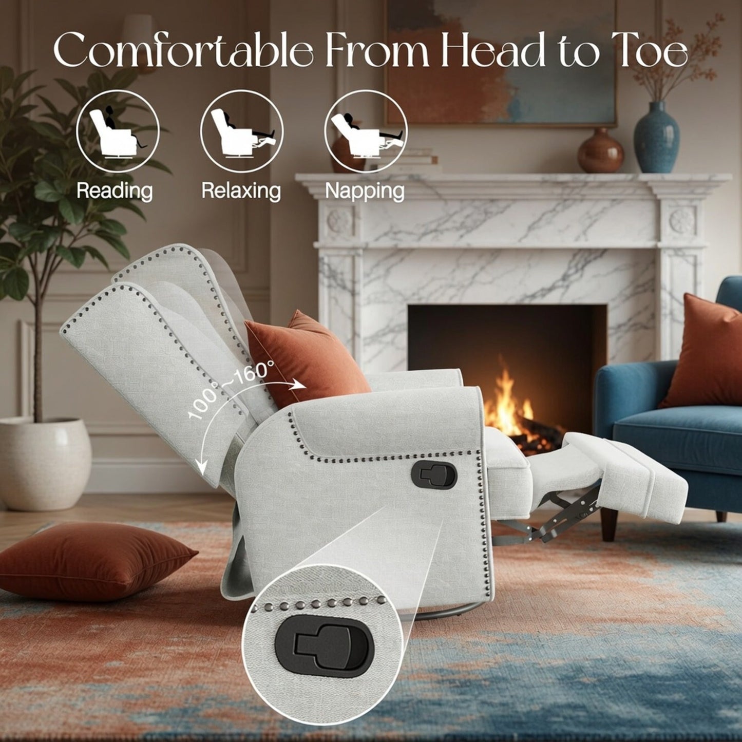 34.25" Extra Wide Off-White Swivel Recliner Glider Chair