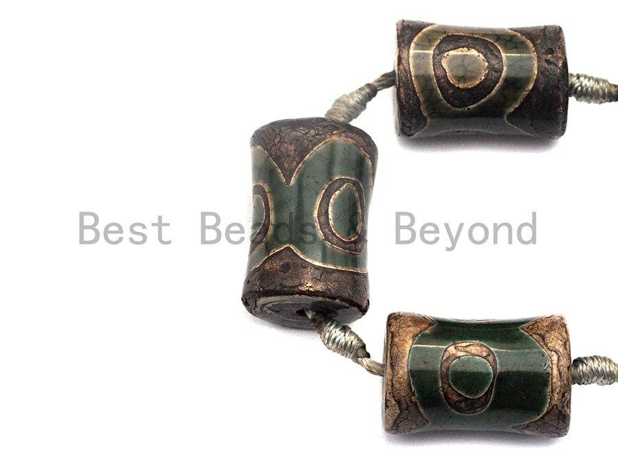 1pc/11pc Etched Tibetan agate Spool Beads, Dzi Agate Beads, Chunky Tibetan Agate,Dark Green Brown Agate Beads, 15x22mm, sku#U516