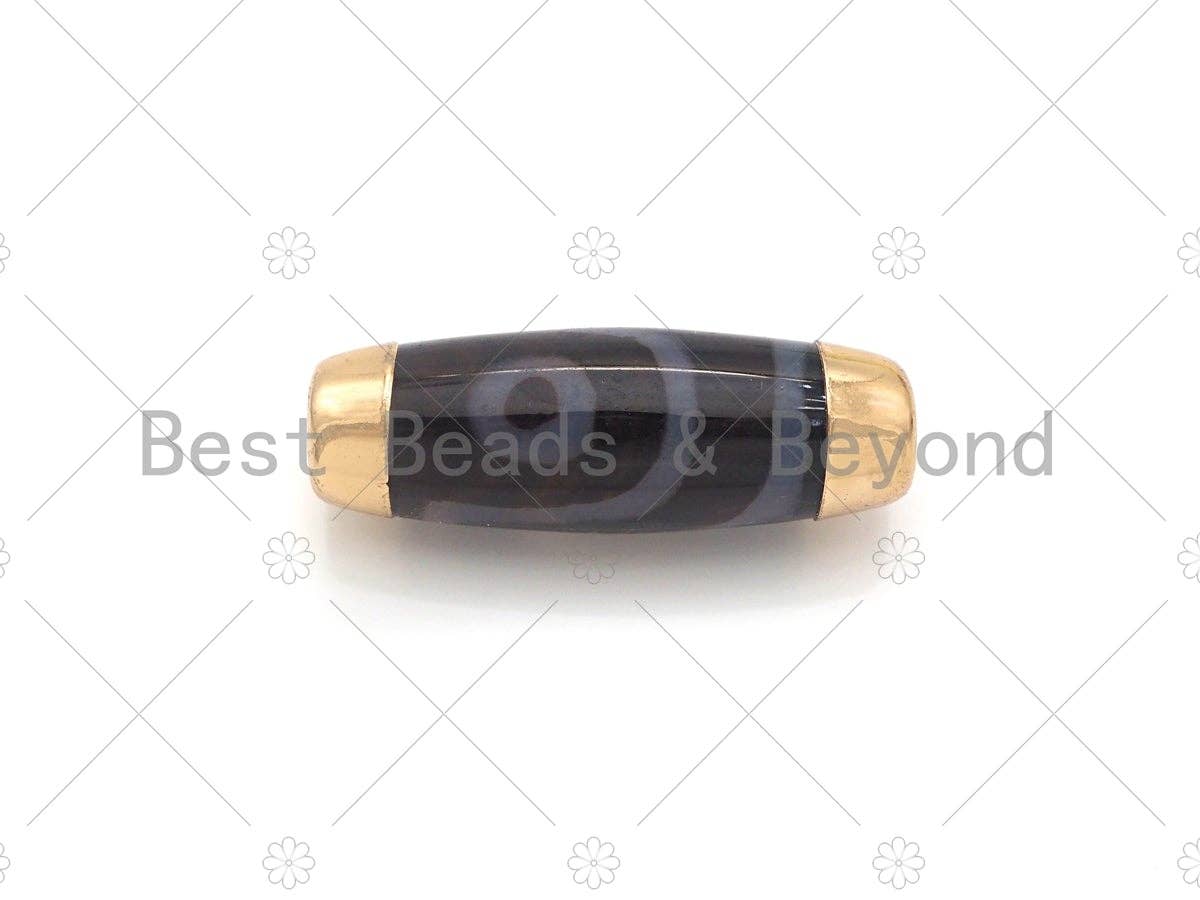 16x39mm Large Natural Tibetan Agate with Gold Finish Barrel Shape Spacer Beads, Oval Tibetan Agate Beads, sku#U947