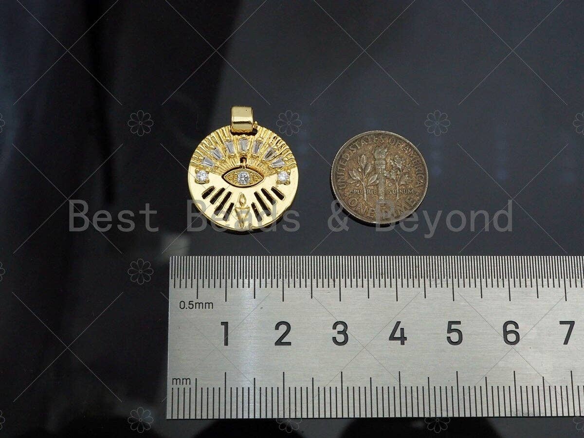 CZ Micro Pave Evil Eye Hollow Out Round Coin Shape Pendant/Charm,Sku#L493