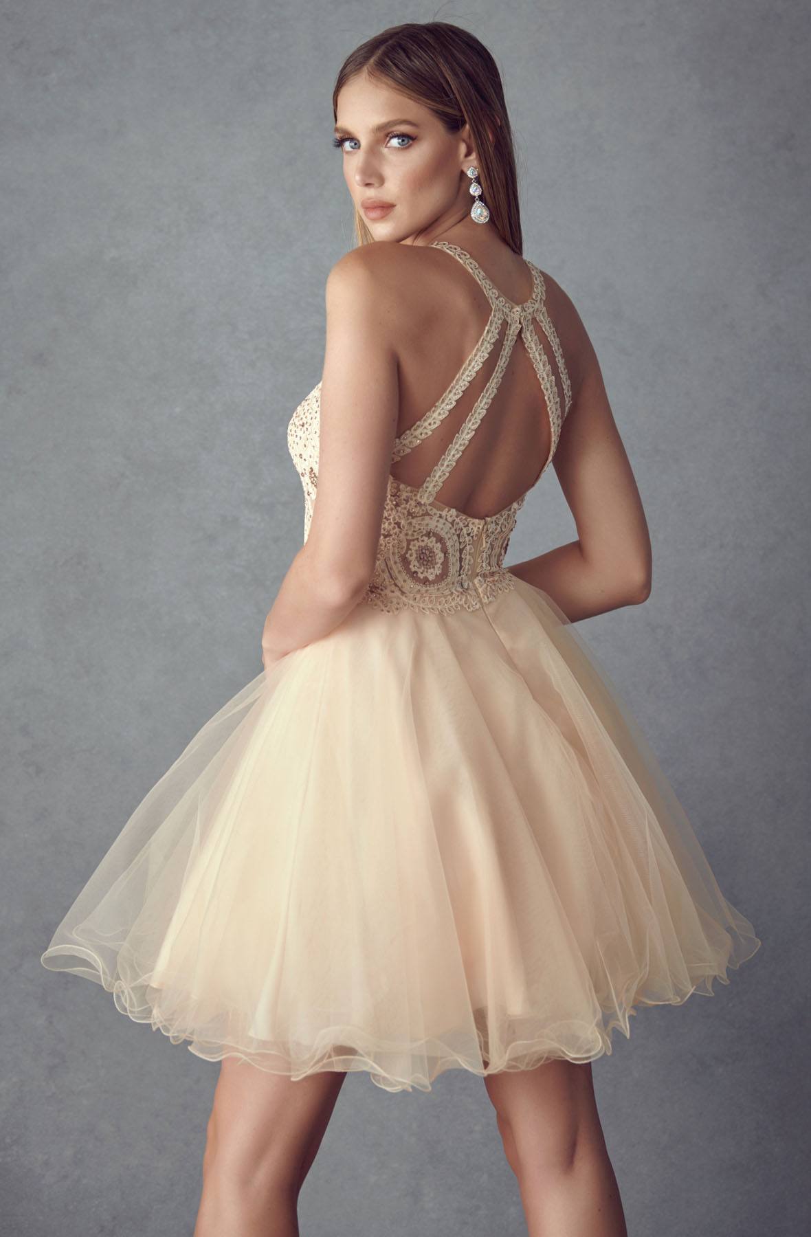 Juliet 826 Fit-and-Flare Halter Neck Short Party Dress