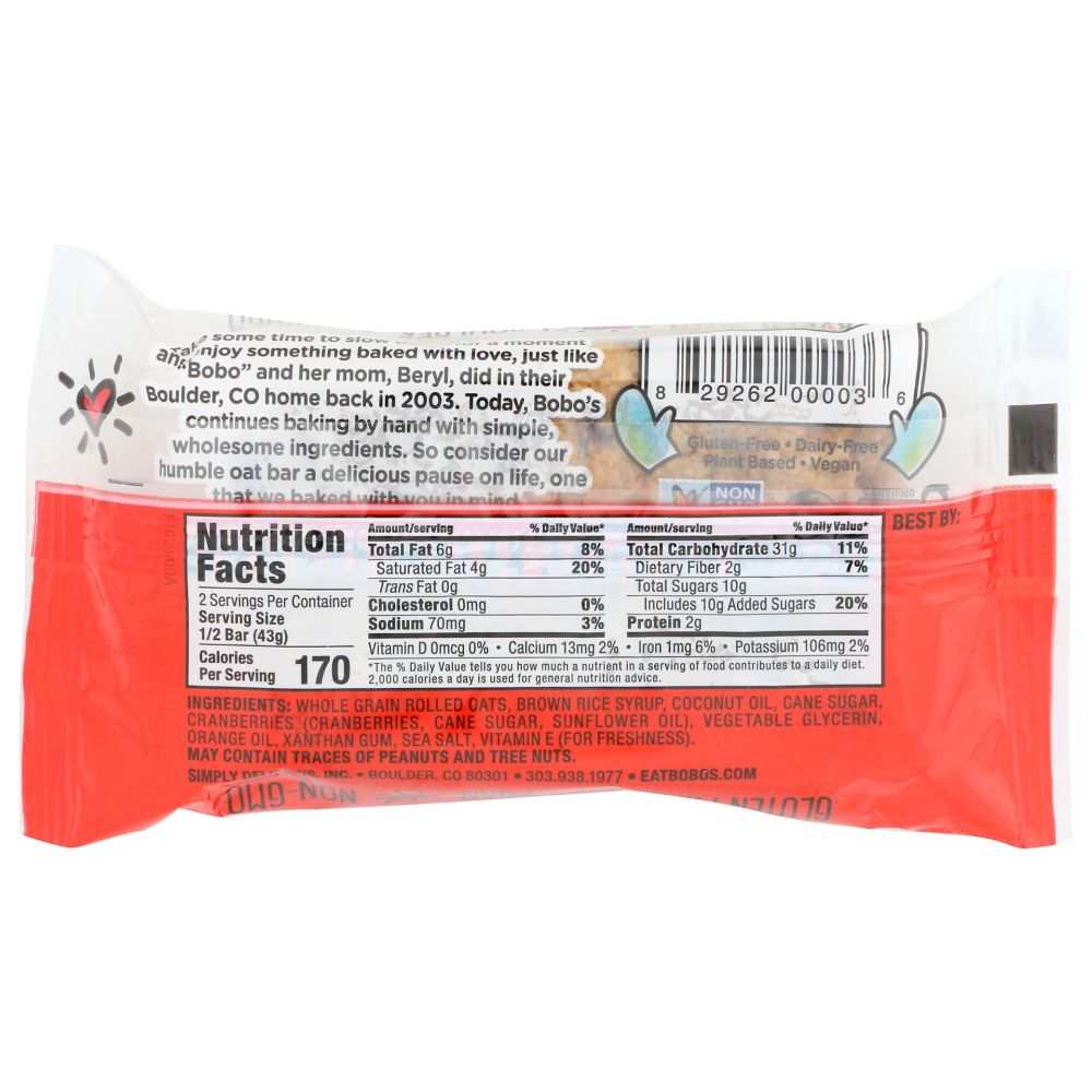 BOBO'S OAT BARS All Natural Cranberry Orange Bar |3oz|Healthy Snacking