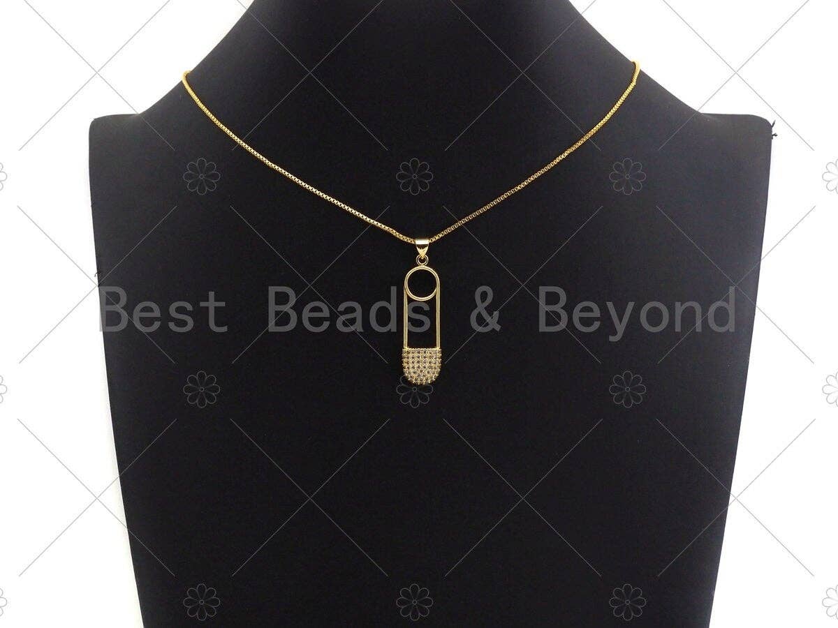Clear CZ Micro Pave Safe Pin Shape Pendant, CZ Micro Pave Safe Pin pendant, Gold Pave pendant, 11x37mm, sku#LK17