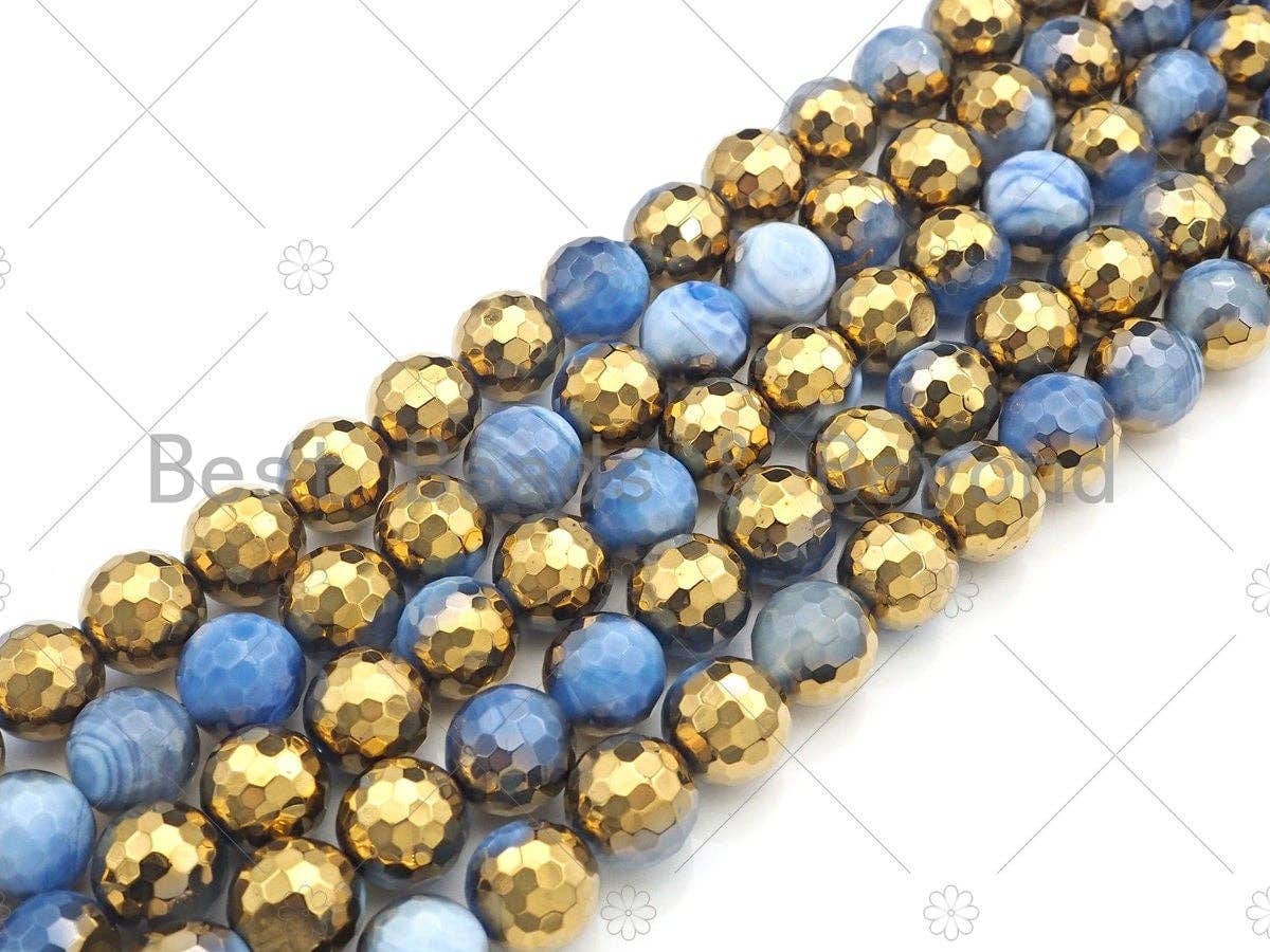 Half Gold Plated Blue Agate Beads, 8mm/10mm/12mm Round Faceted Gold Light Blue Beads, 15.5 Full Strand, sku# UA140
