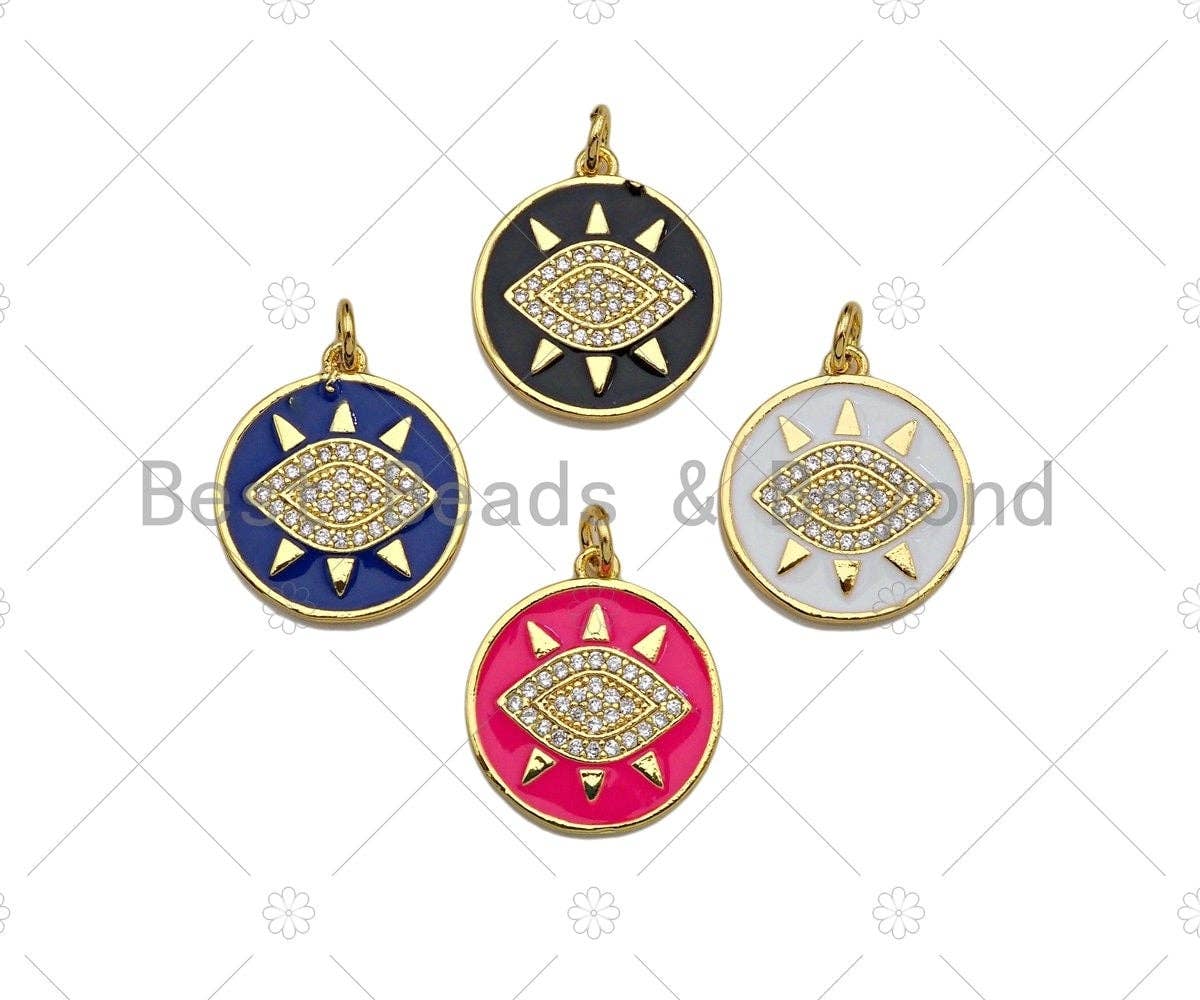Colorful Enamel PAVE Evil Eye On Round Coin Pendant, SKU#L430C
