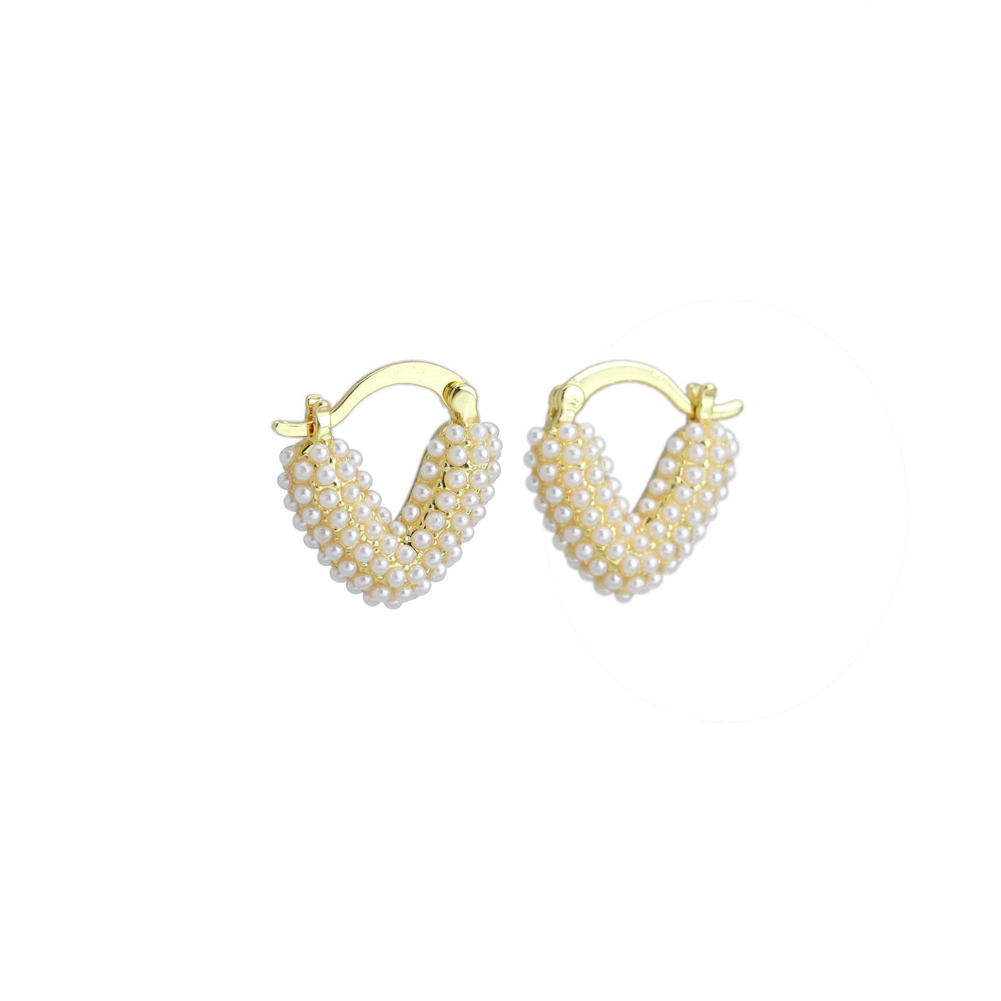 White Pearl Puffy V Shape Huggie Earrings, Sku#LD554