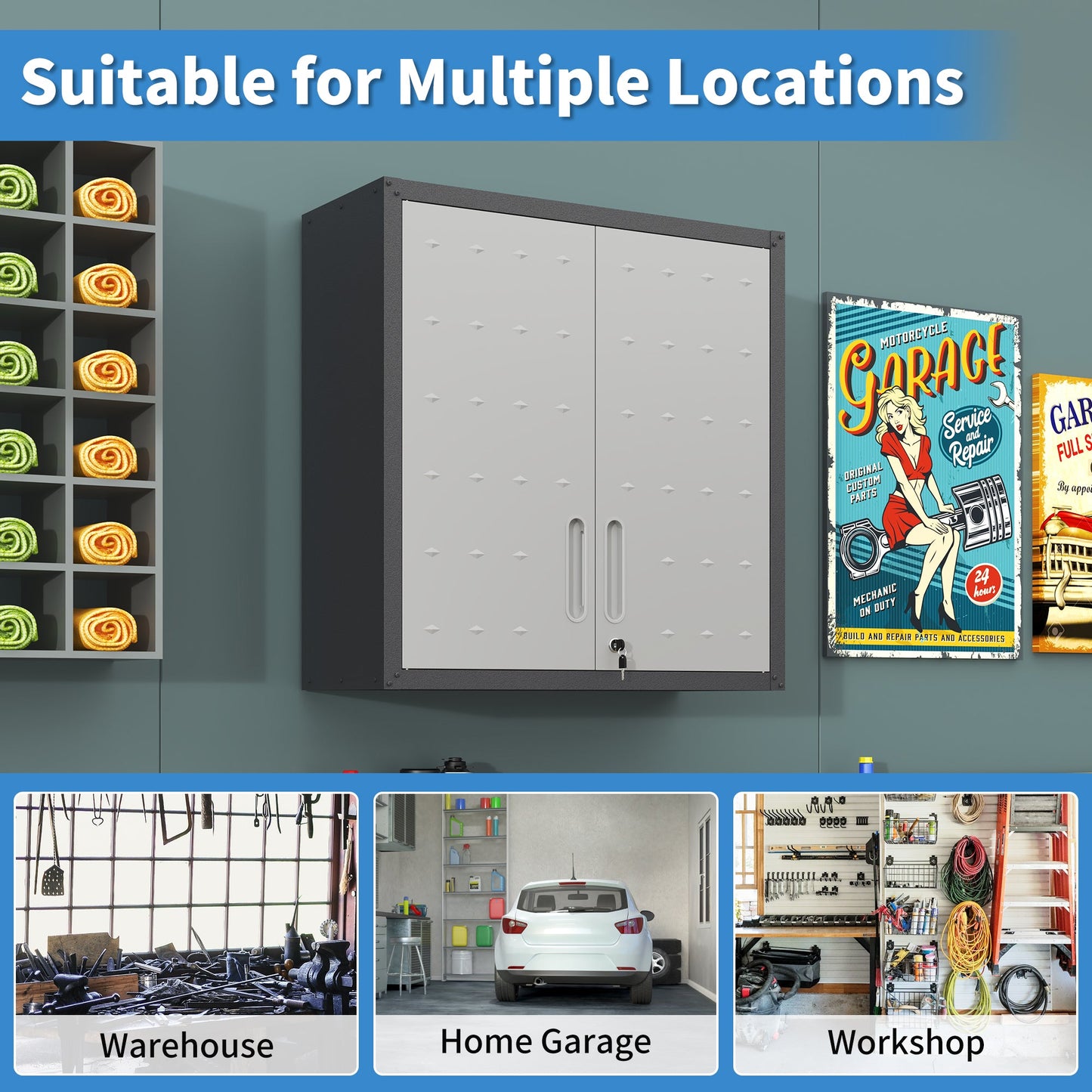Metal Wall-Mounted Tool Storage Cabinet with Locking Door