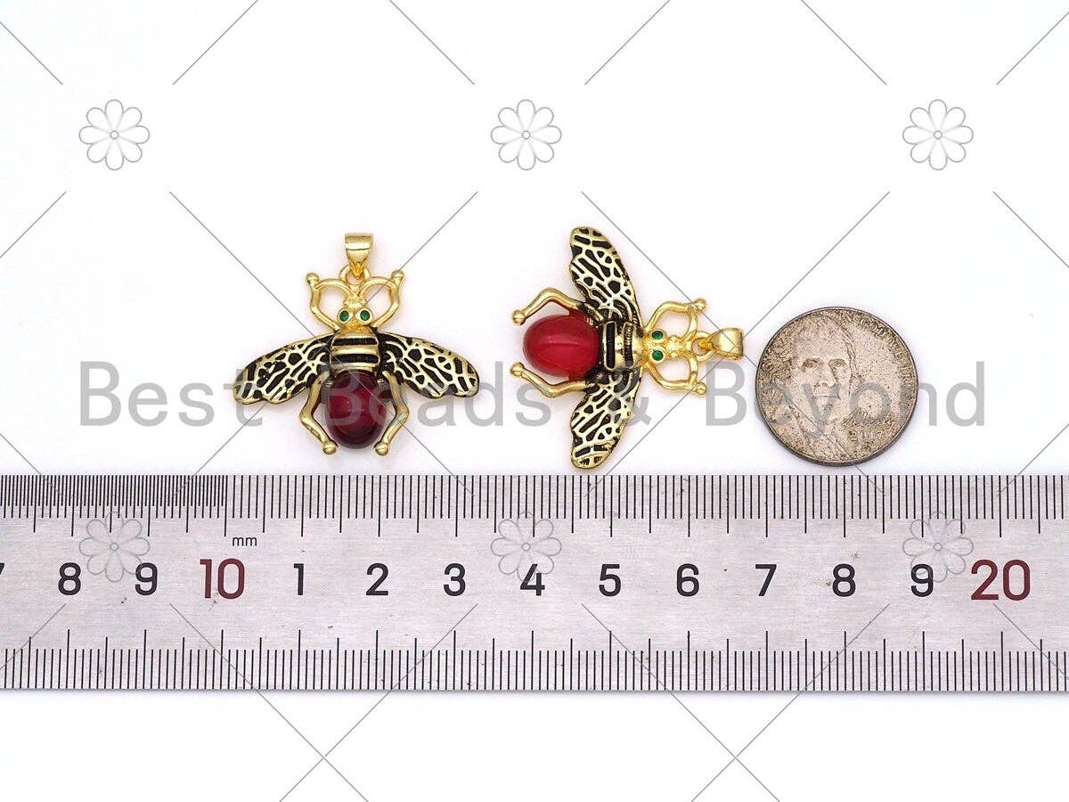 Colorful Glass Bee Shape with Green CZ Eye Pendant, 18K Gold Filled Bee Charm, Necklace Bracelet Charm Pendant, 32x27mm, Sku#F178