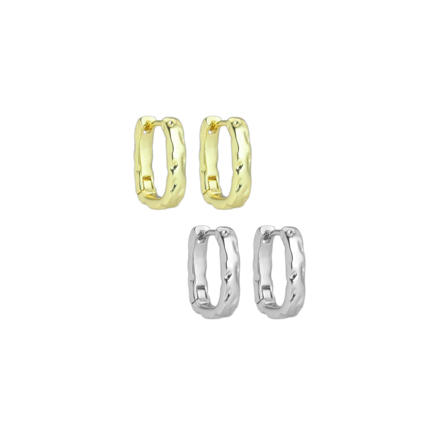 hammered Gold Silver Rectangle Hoop Earrings, Sku#A303