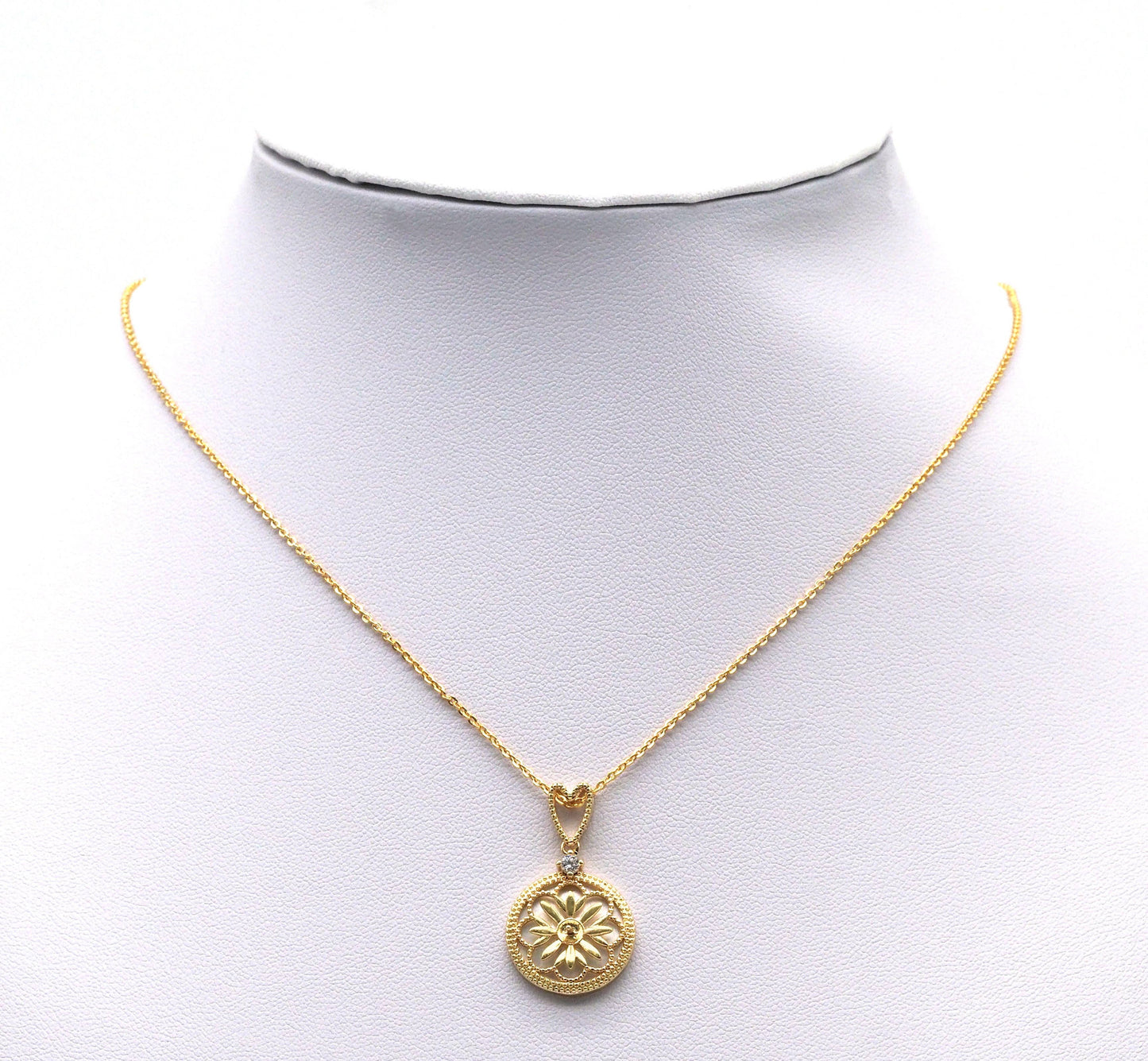 Gold CZ Flower with Pearl On Round Coin Charm, Sku#ZX96