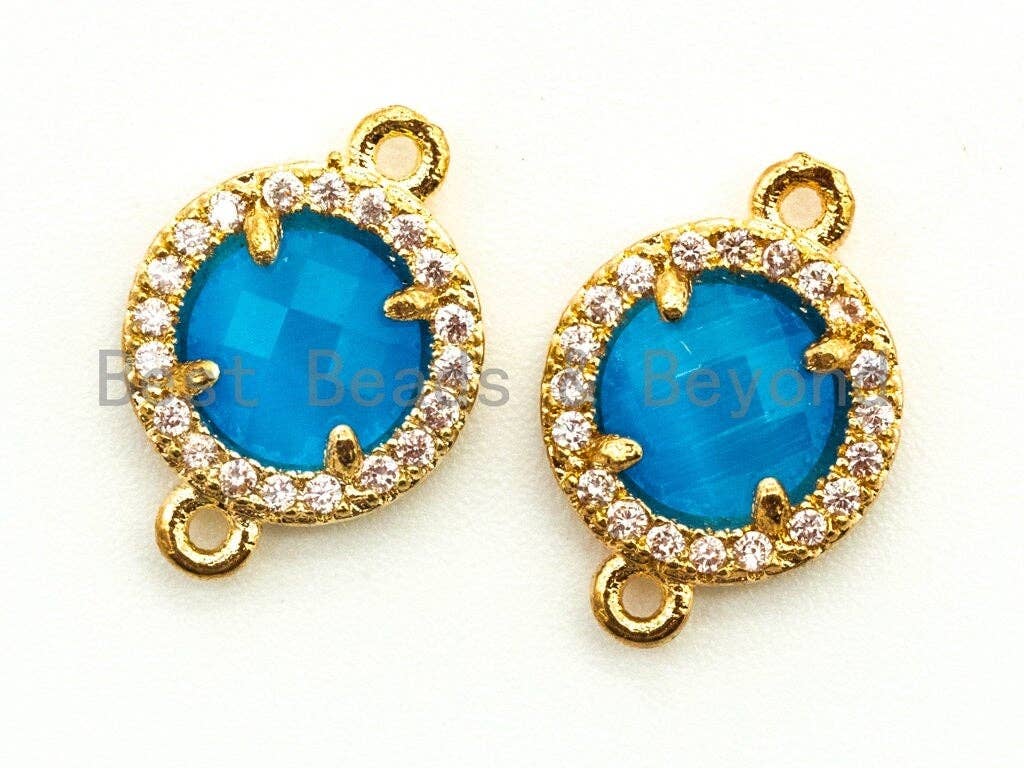 Round Bezel Connector with Faceted Cat's Eye Stone,Peach/Blue/Pink/White/Topaz, 9x13mm,sku#A73