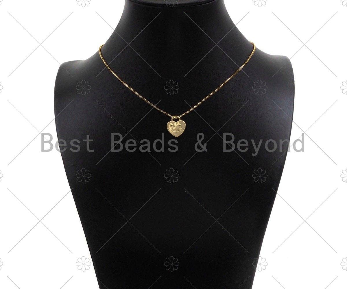 18K Dainty Gold Smiley Face On Heart Lock Shape Pendant/Charm, Necklace Bracelet Charm Pendant,15x13mm, Sku#LK233