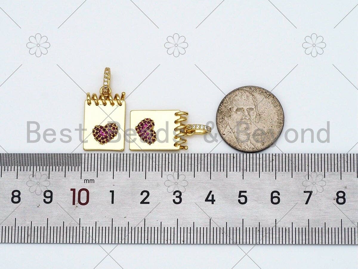 Fuchsia CZ Micro Pave Heart On Calendar Pendant/Charm, 18K Gold Filled Notebook CZ Pendant, Necklace Bracelet Charm Pendant,13x21mm,Sku#L605