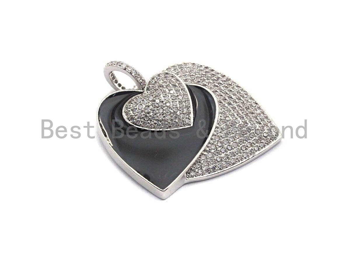 Micro Pave CZ Enamel Three Heart Pendant,Black Enamel Pendant,Enamel Heart Pendant, Oil Drop jewelry Findings,27x29mm,sku#F931