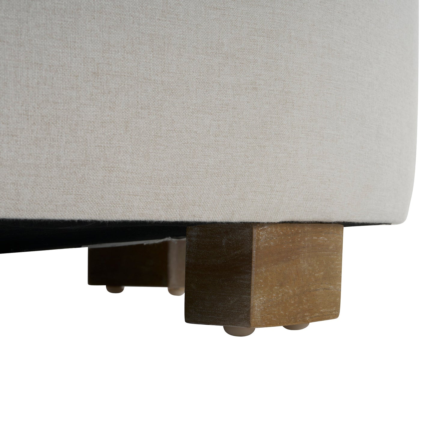 White Fabric Round Ottoman with Wooden Legs